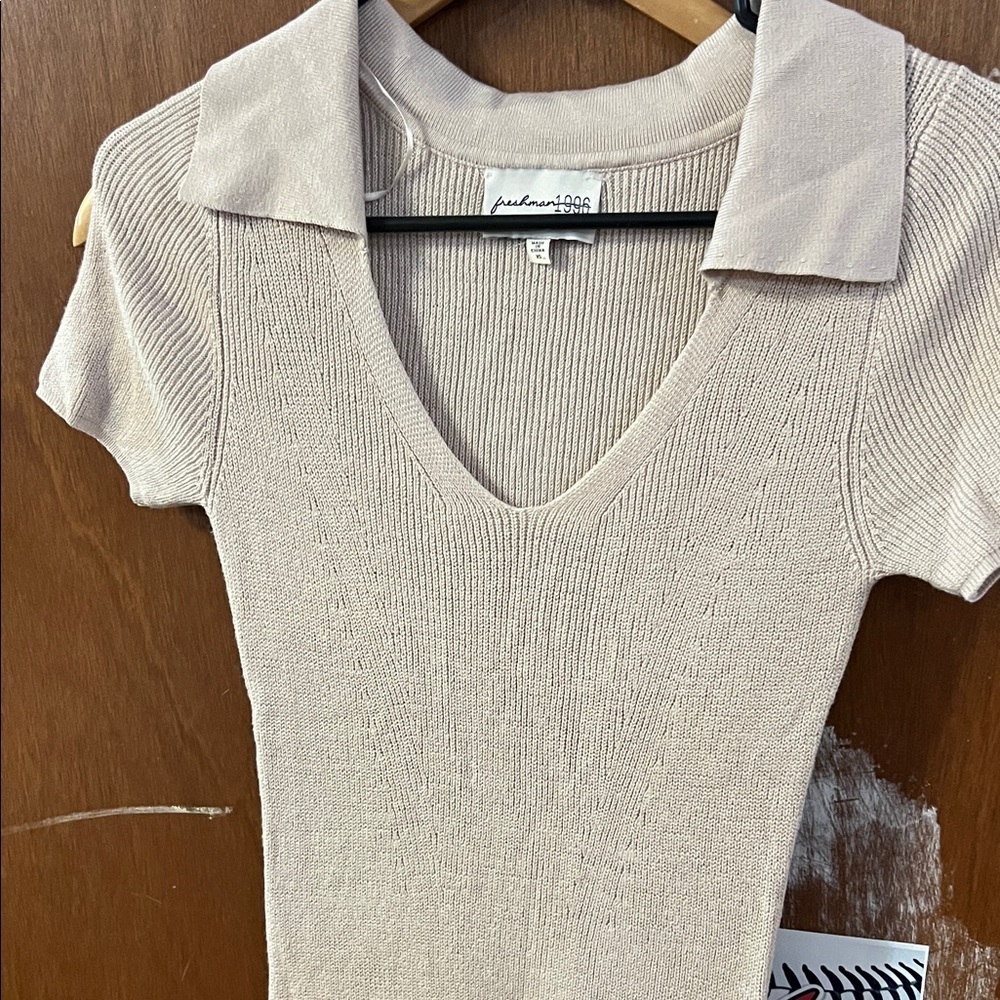 Freshman Beige Ribbed V-Neck Blouse